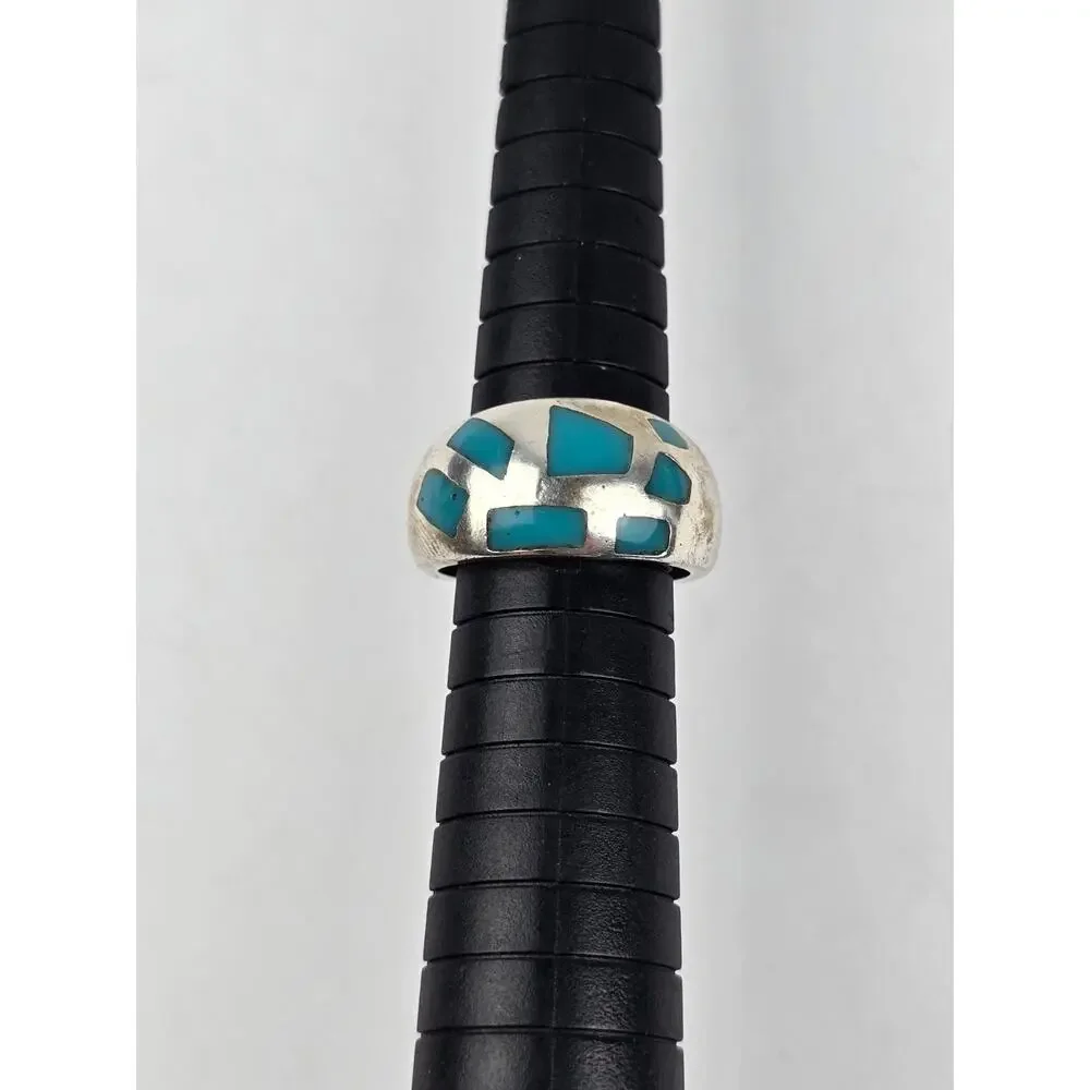 Vintage Sterling silver Band ring with Mosaic inlay Turquoise Size 7.25